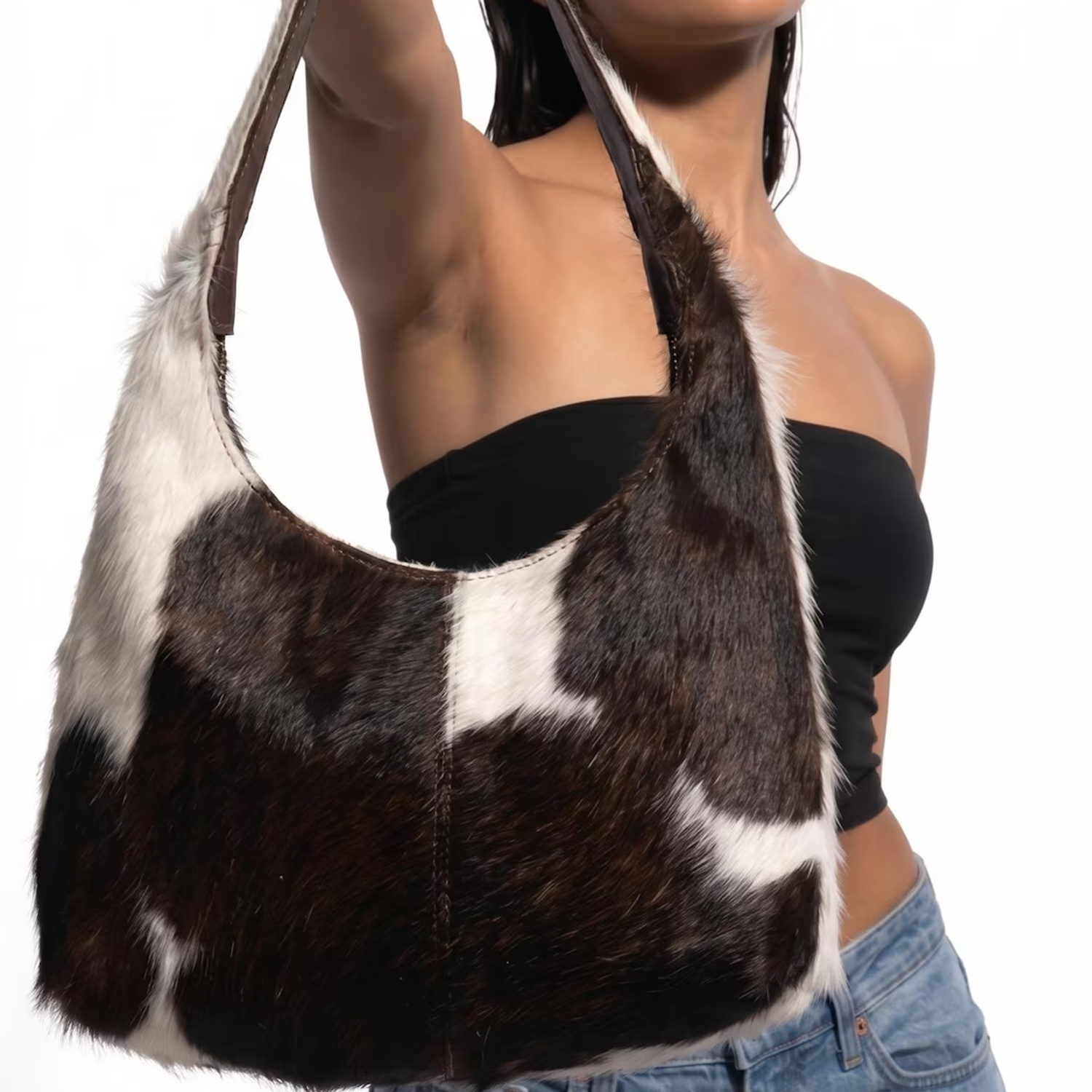 Mottled Dark Brown And Ivory Fuzzy Crescent Shoulder Pouch With Integrated Matching Textured Shoulder Strap And Open Spacious Inner Cavity