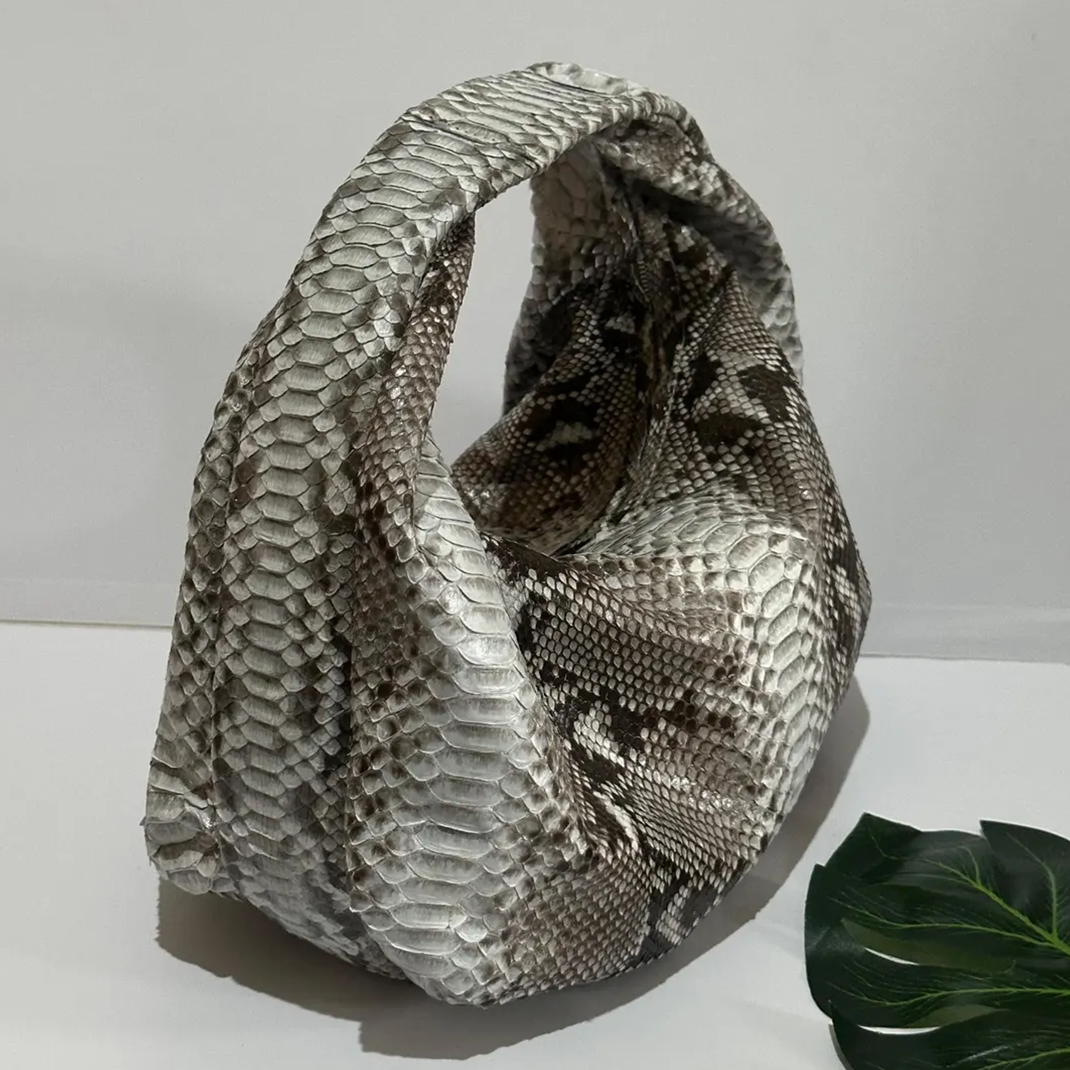 Mottled Grey Scaled Print Soft Slouchy Mini Hobo Pouch With Integrated Matching Loop Handle And Flexible Unlined Inner Storage