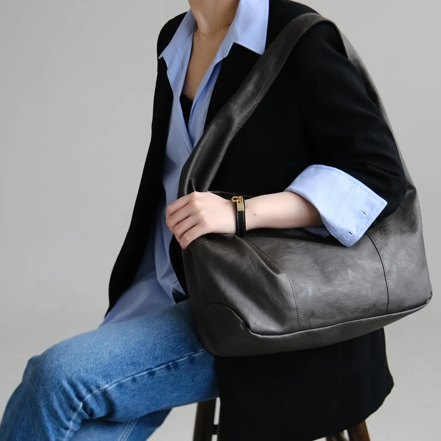 Smooth Slouchy Crescent Hobo Tote With Wide Single Shoulder Band, Multi Inner Dividers And External Zip Access Pocket