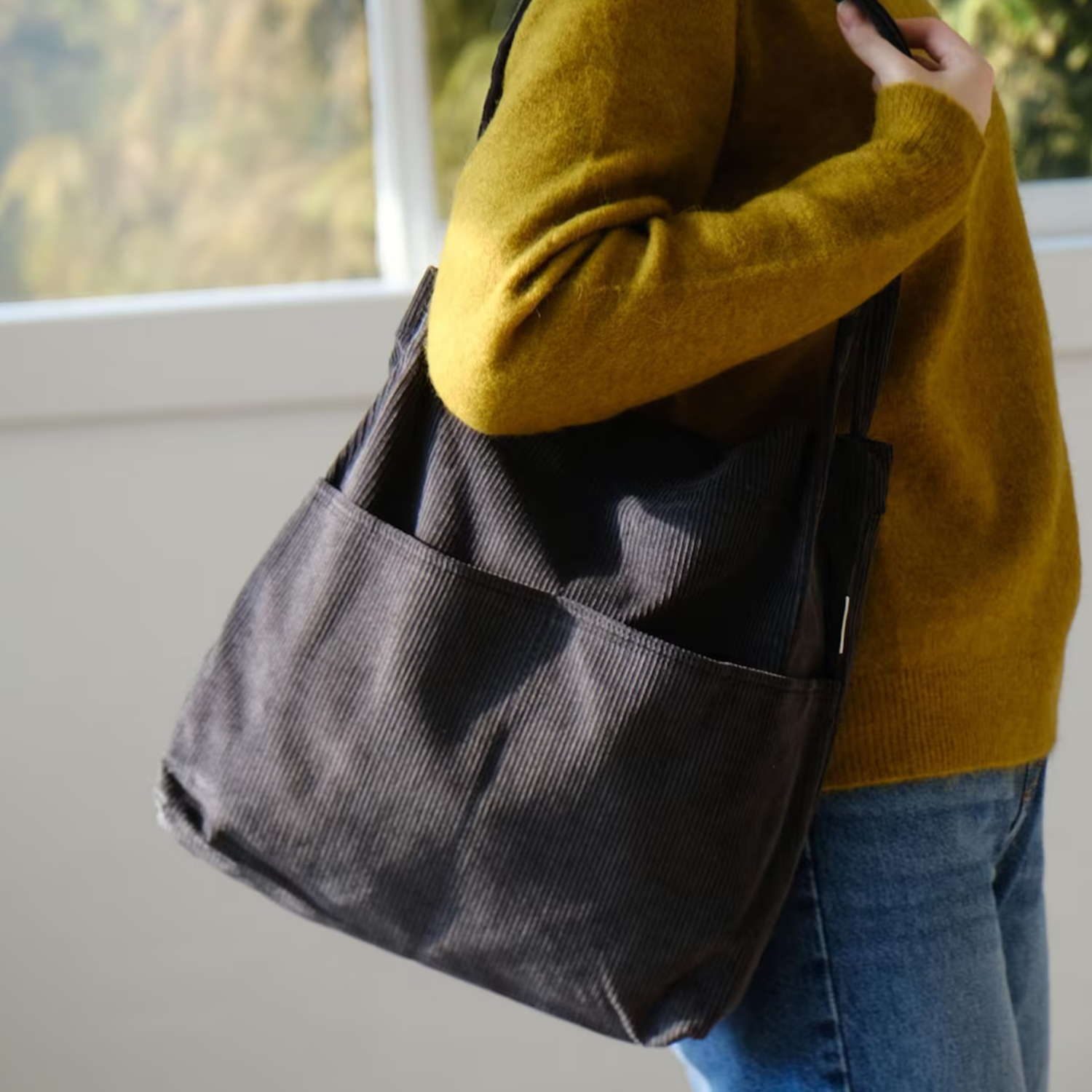 Multi-Tone Ribbed Fabric Relaxed Shoulder Tote With Wide Front Slip Pocket, Internal Divider Slot And Hidden Magnetic Top Fasteners