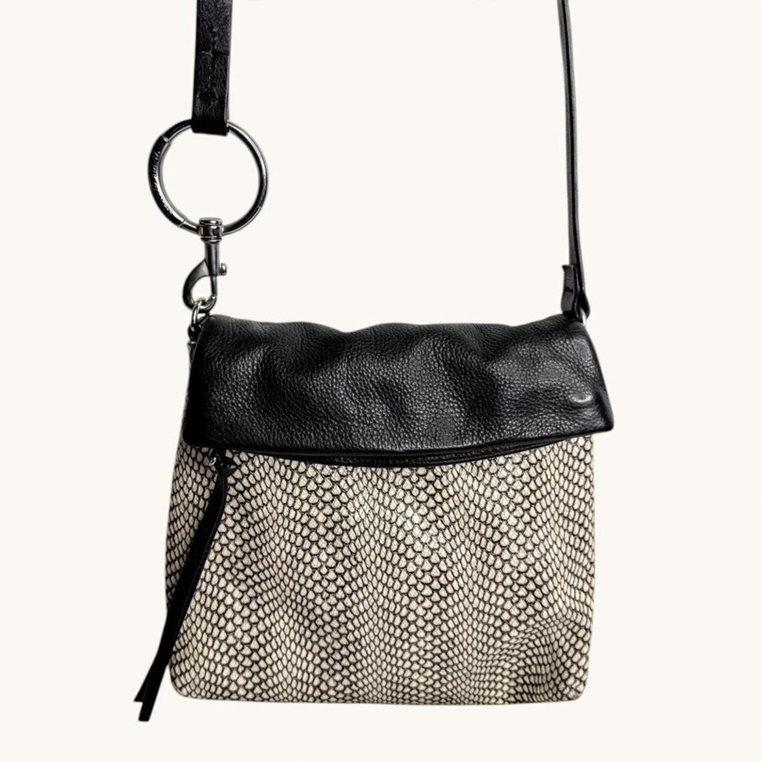 Two-Tone Pebble And Scaled Print Foldover Flap Pouch With Detachable Hanging Band And Oversized Silver Ring Hardware