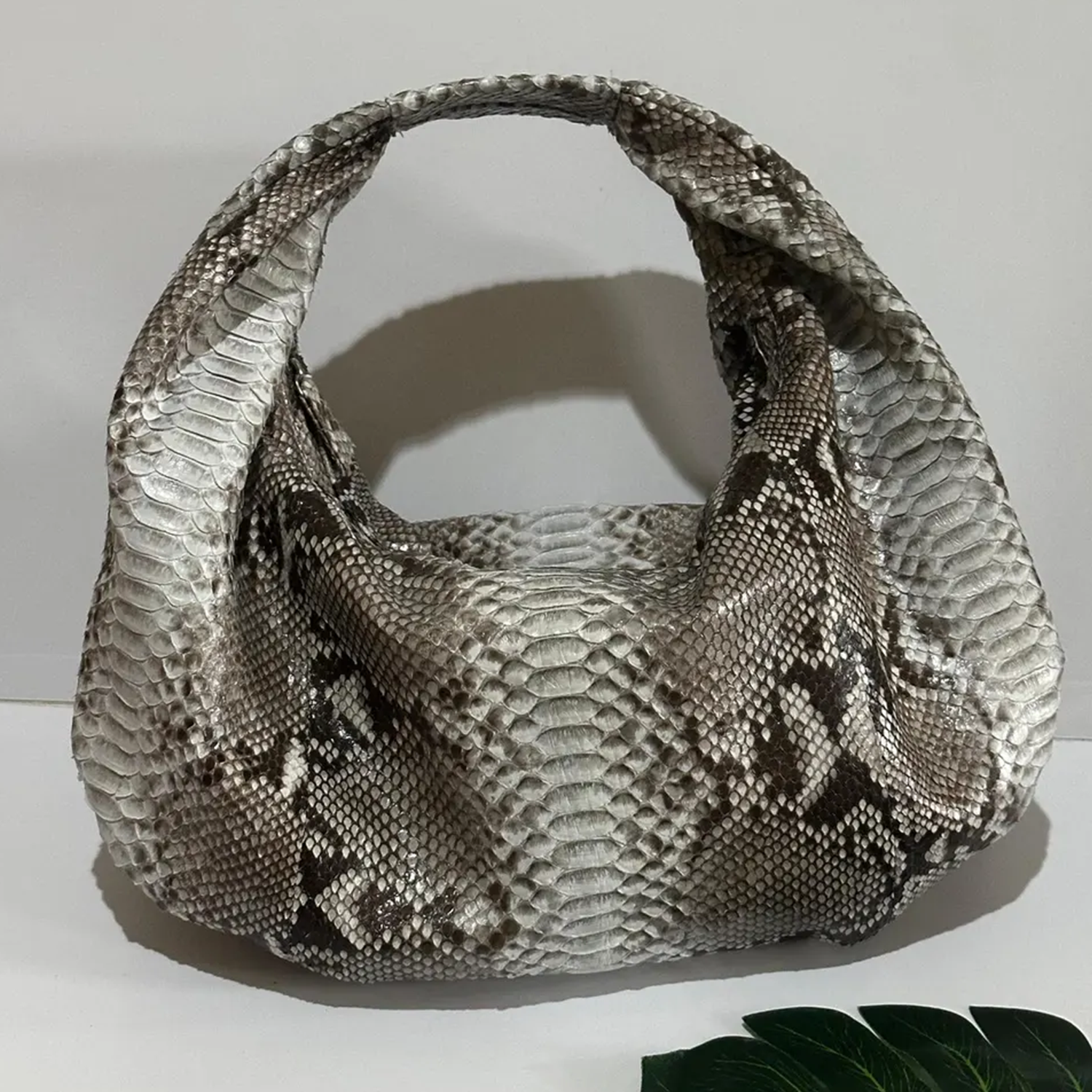 Mottled Grey Scaled Print Soft Slouchy Mini Hobo Pouch With Integrated Matching Loop Handle And Flexible Unlined Inner Storage